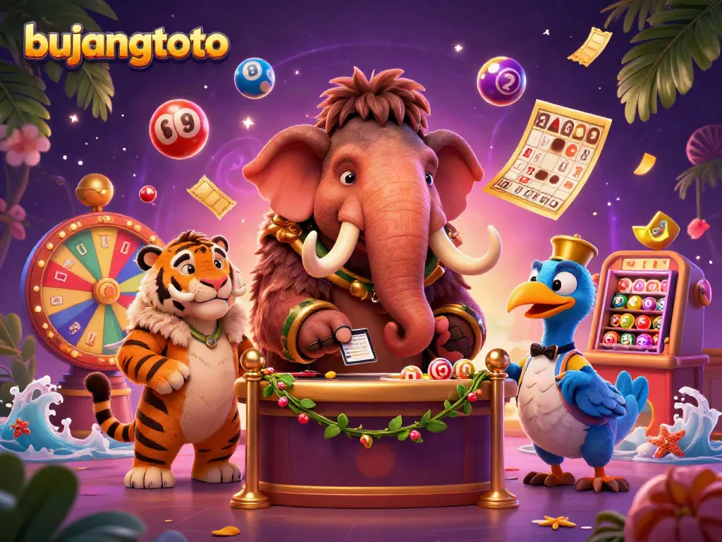 Experience the vibrant atmosphere at Bujangtoto with a woolly mammoth, saber-tooth tiger, and dodo bird in a dynamic lottery scene.