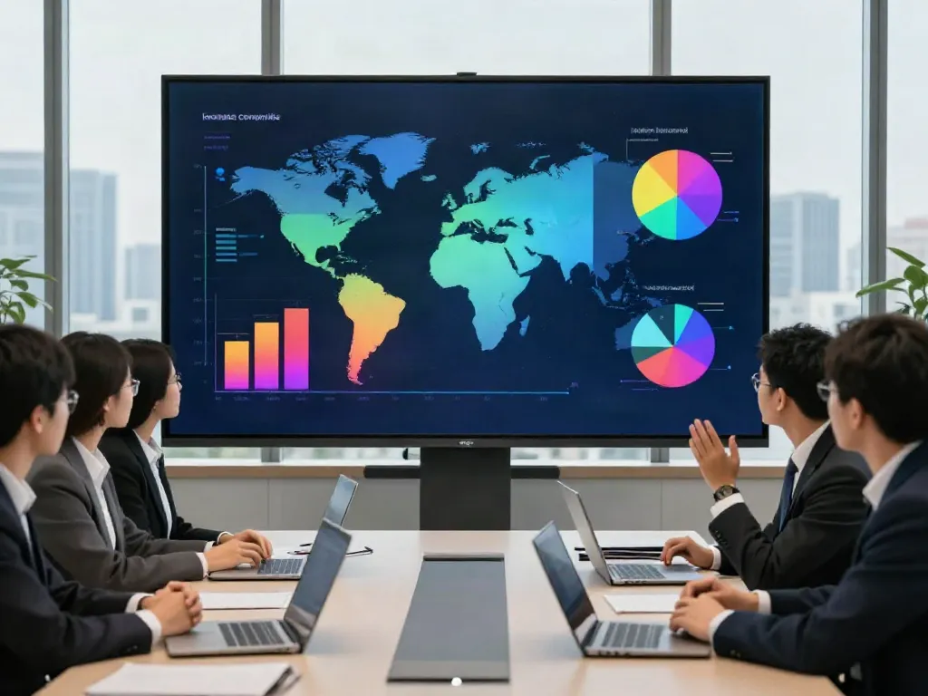 The top insurance companies in the world presented in a professional business meeting, showcasing assets and growth metrics.