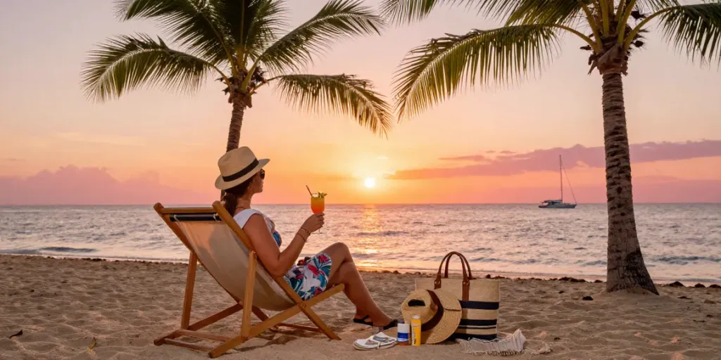 Carmen's Luxury Travel captures a traveler enjoying a luxurious sunset beach experience with stylish accessories.