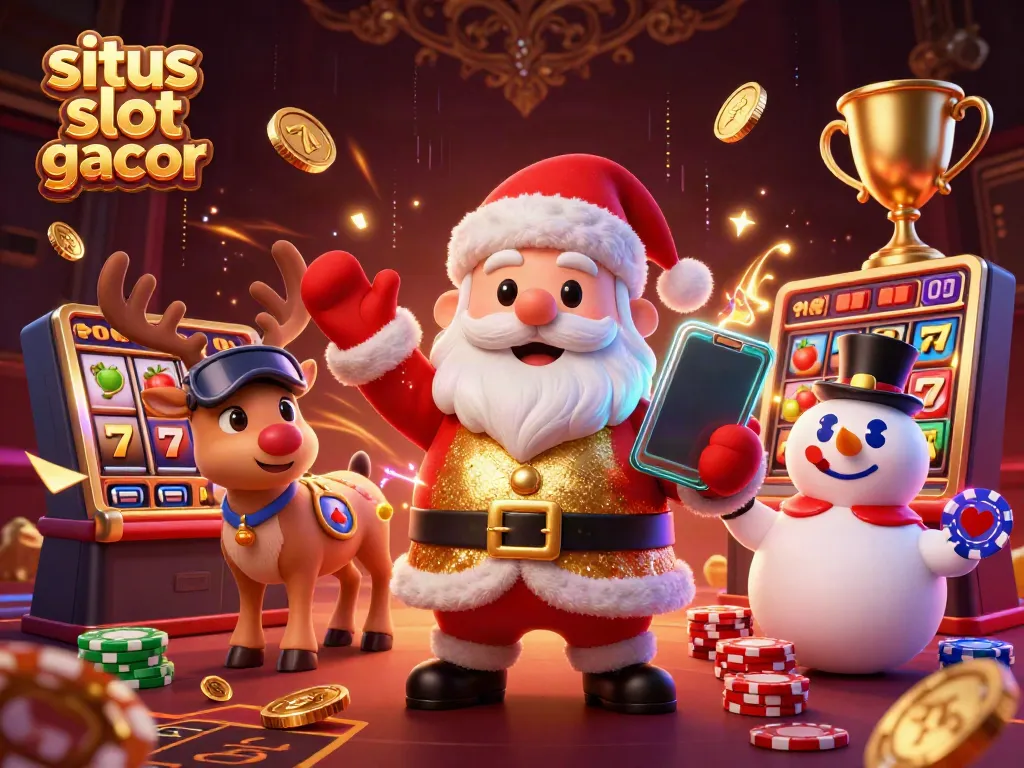 Join Santa and friends in this vibrant situs slot gacor scene with golden trophies and jackpot excitement.
