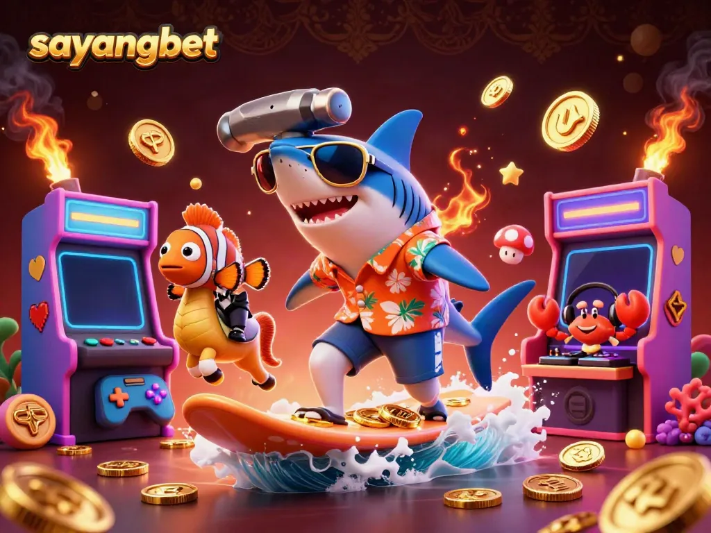 Experience excitement with sayangbet as a shark surfs on gold coins amidst vibrant casino elements.