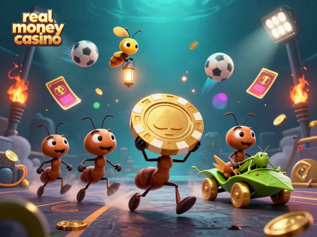 Ants executing a heist carrying a giant poker chip in a vibrant real money casino scene.