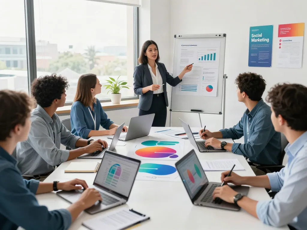 Engaging team discussing an informative post strategy in a modern office environment.