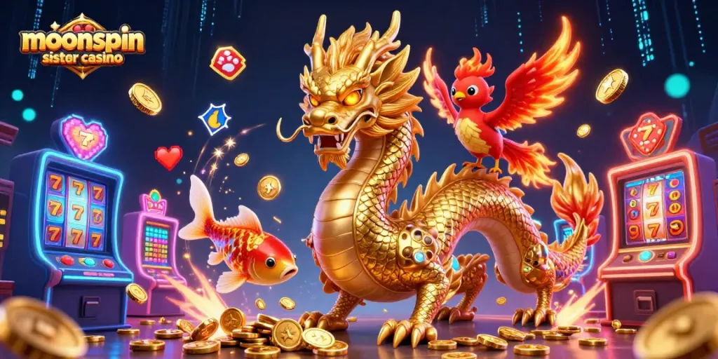 Experience the excitement of moonspin sister casino games with golden dragon, phoenix, and koi fish!