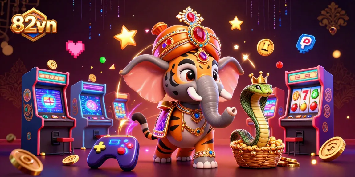 Experience the vibrant gaming scene of 82vn with a majestic maharaja tiger and slot game elements.