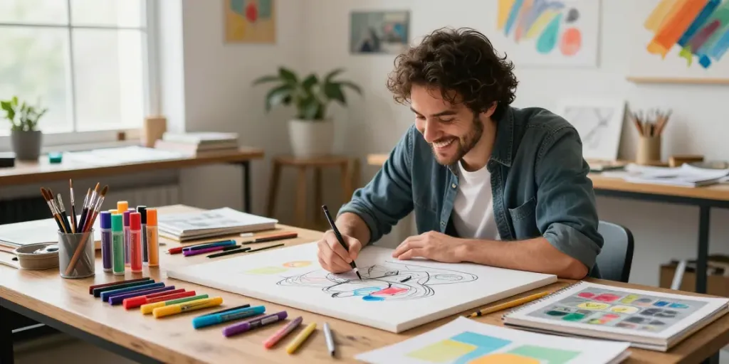 Artist using markers wholesale in a bright creative studio, surrounded by colorful art supplies.