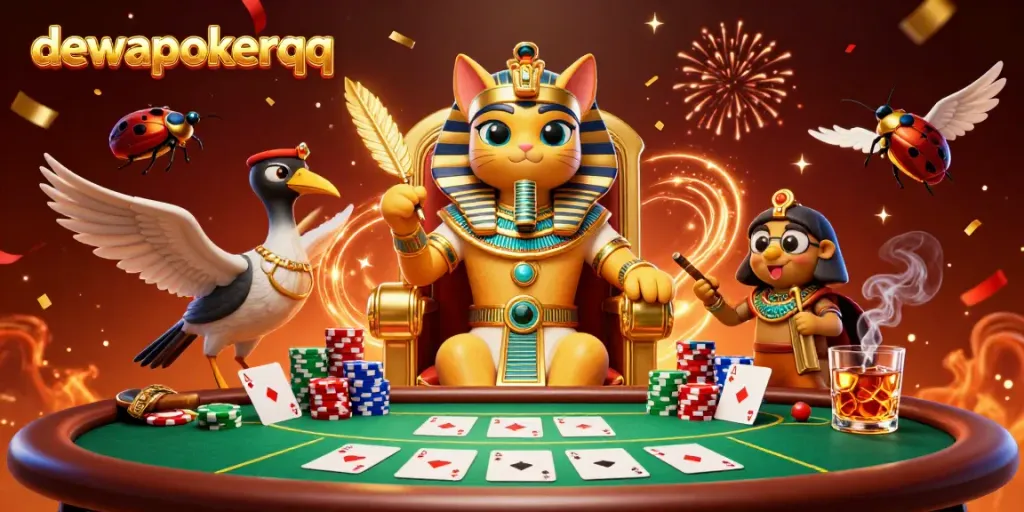 Experience excitement with dewapokerqq as the pharaoh cat oversees a vibrant poker scene.