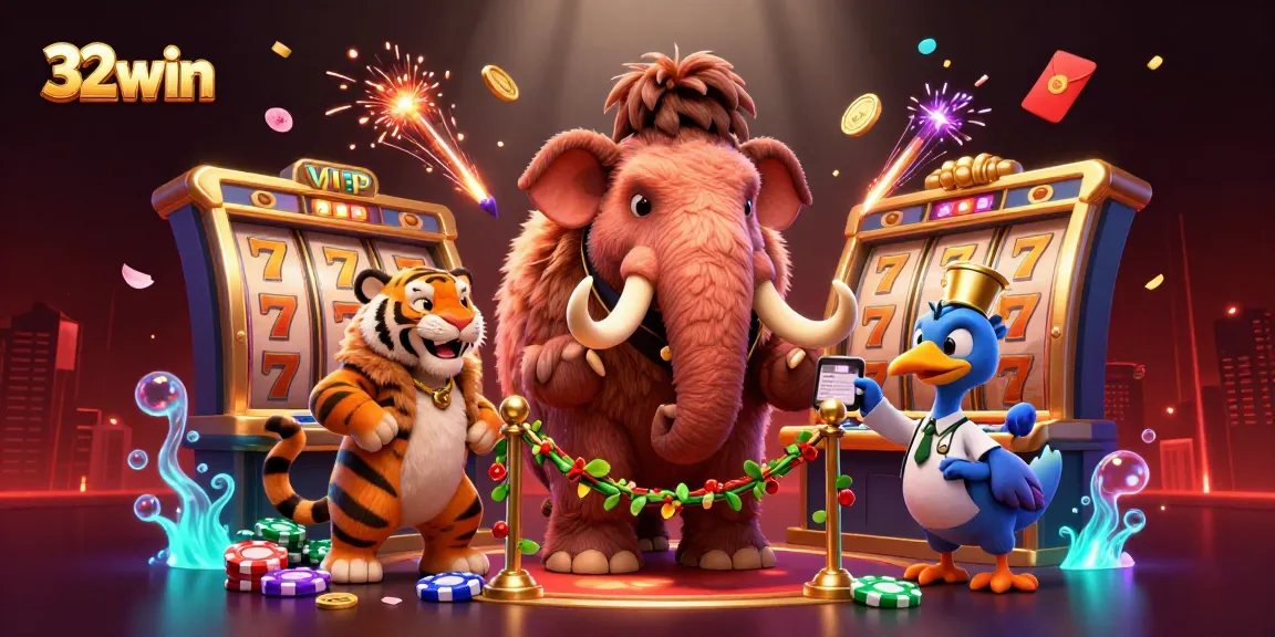 Experience a vibrant 32win scene with a mammoth bouncer, tiger VIP, and dodo doorman amidst casino excitement.