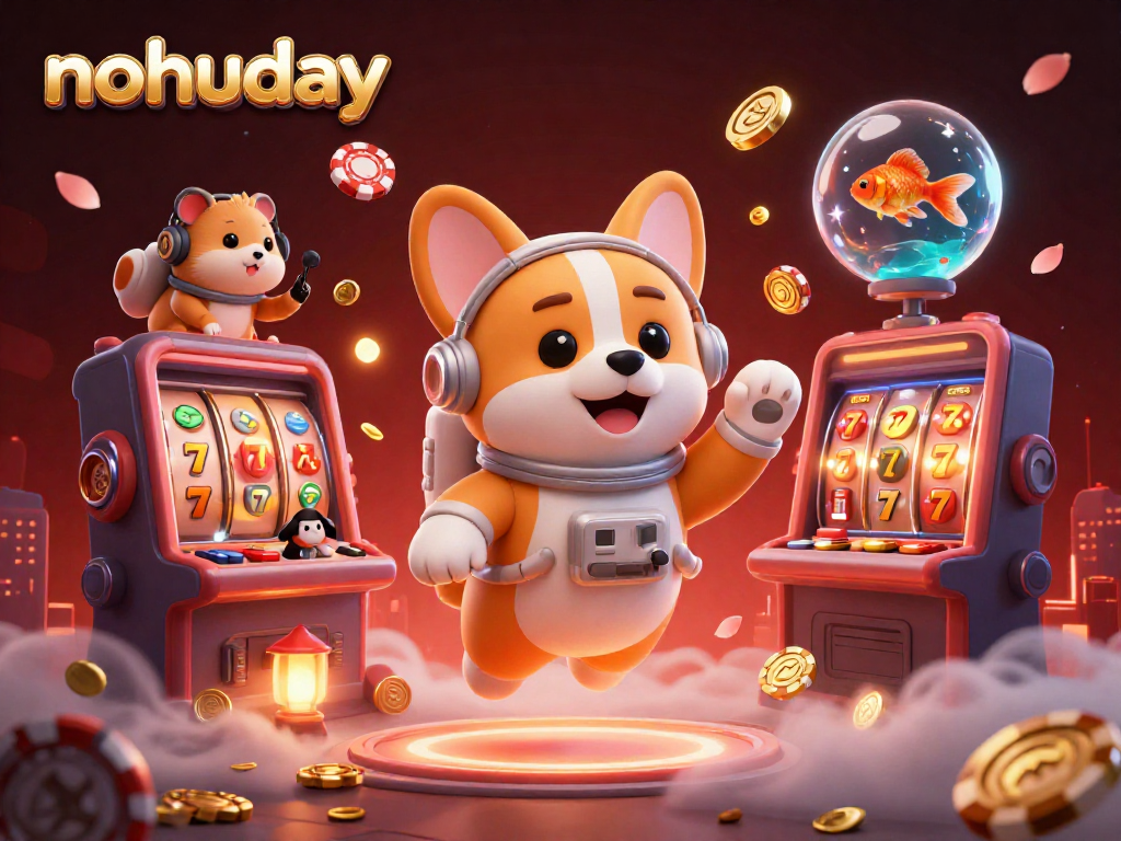 Experience thrilling jackpots with nohuday in a vibrant 3D casino scene featuring playful characters.