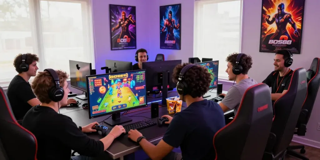 Excited players engaging with BOS88 online slots in a vibrant gaming room, surrounded by dynamic graphics and gaming gear.