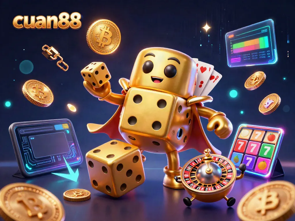 Engage with cuan88 through a vibrant 3D casino-themed illustration featuring golden dice and crypto elements.