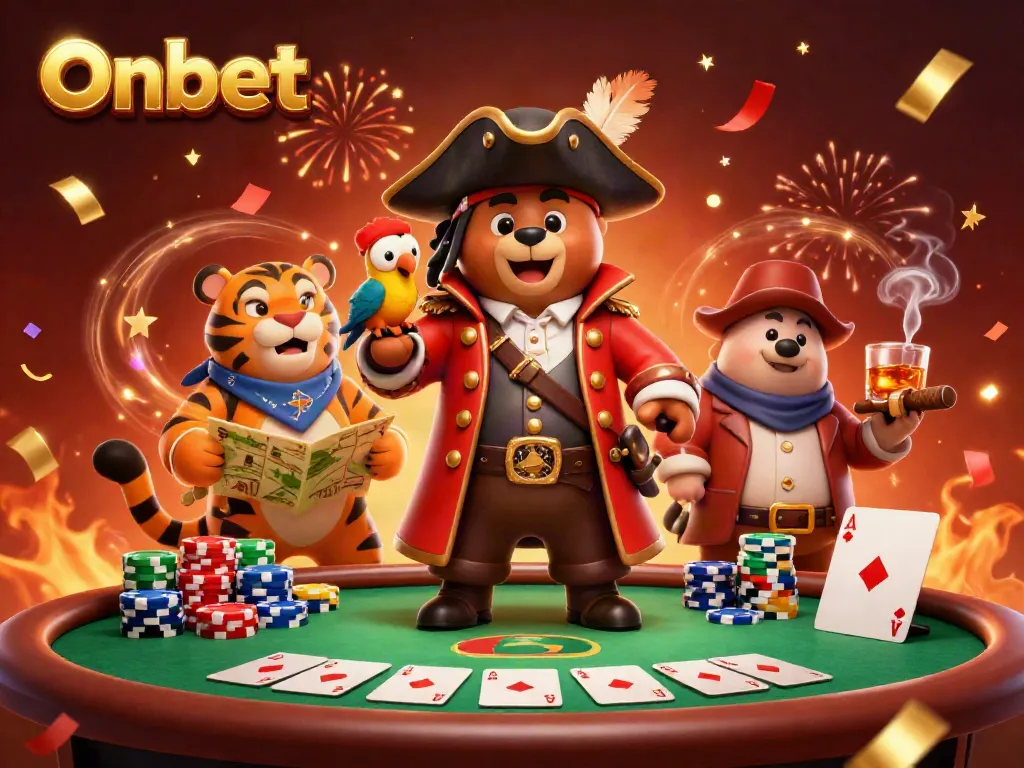 Experience the thrill of Onbet with a vibrant 3D casino scene featuring a pirate bear and friends.