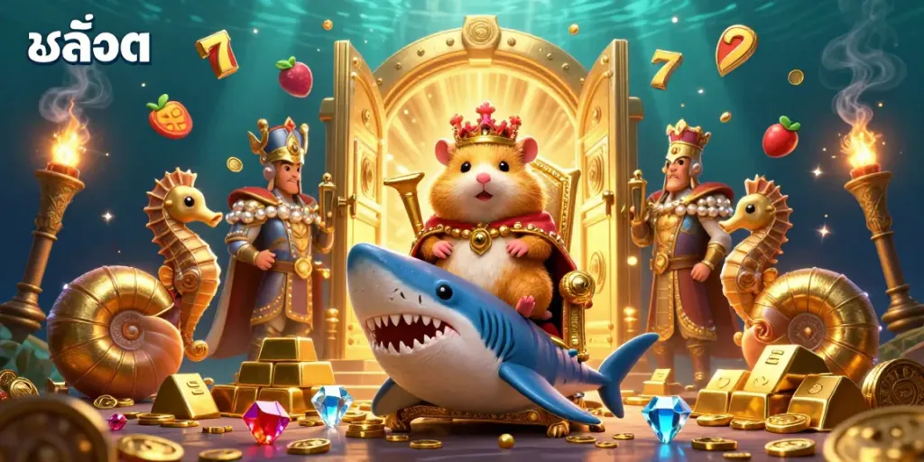 Engage with thrilling สล็อต gameplay surrounded by a vibrant 3D scene featuring golden hamster royalty, slot elements, and treasures.