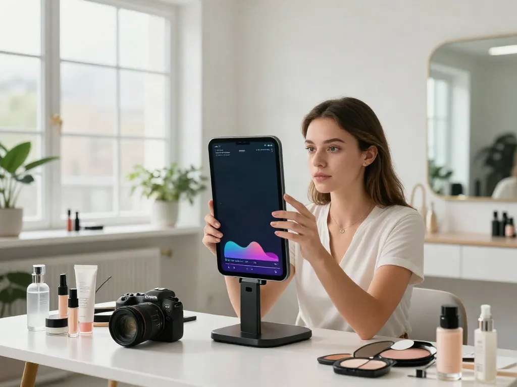 Young woman exploring alternatives to QOVES using a beauty analysis app in a modern studio.