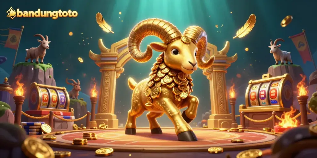 Experience thrilling gameplay at bandungtoto with a charging golden ram amidst exciting casino elements.