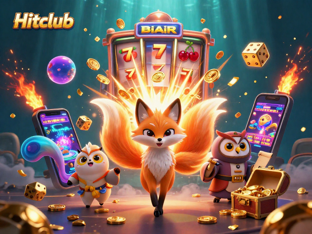Engaging Hitclub illustration showcases a vibrant nine-tailed fox and sage amidst a dynamic casino backdrop.
