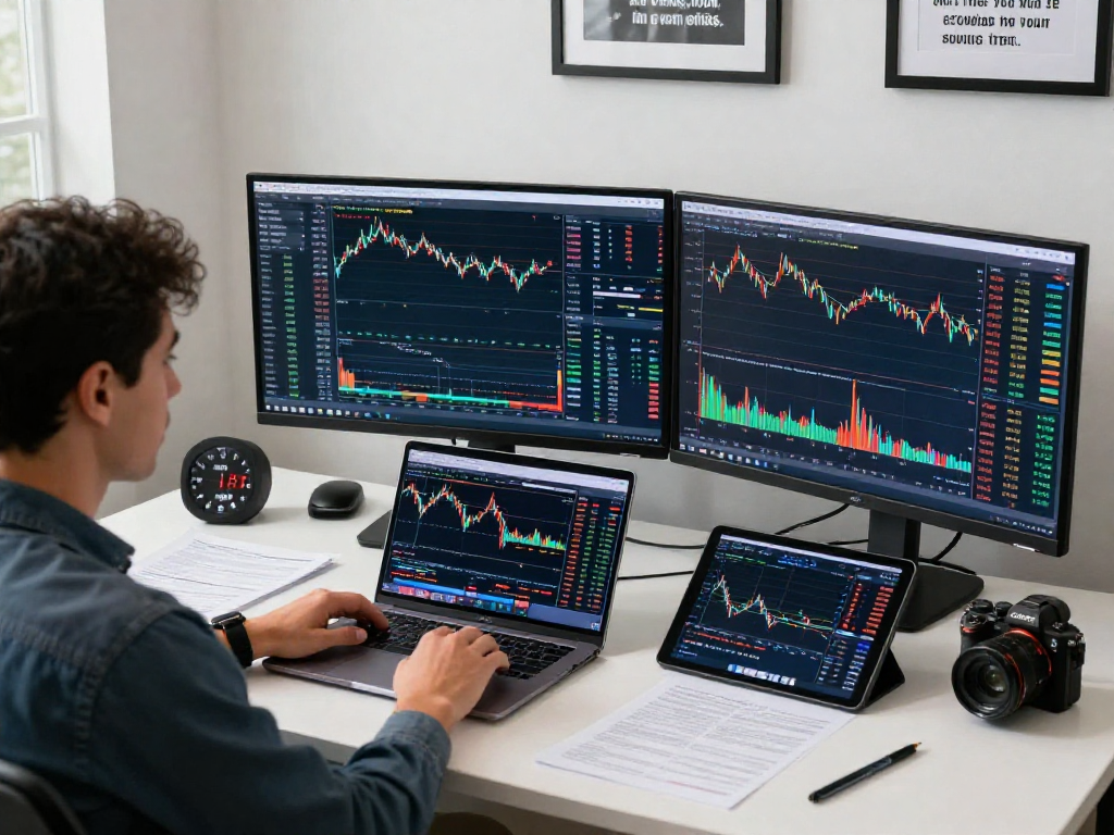 Focused trader using TradingView in a modern workspace with multiple screens for market analysis.