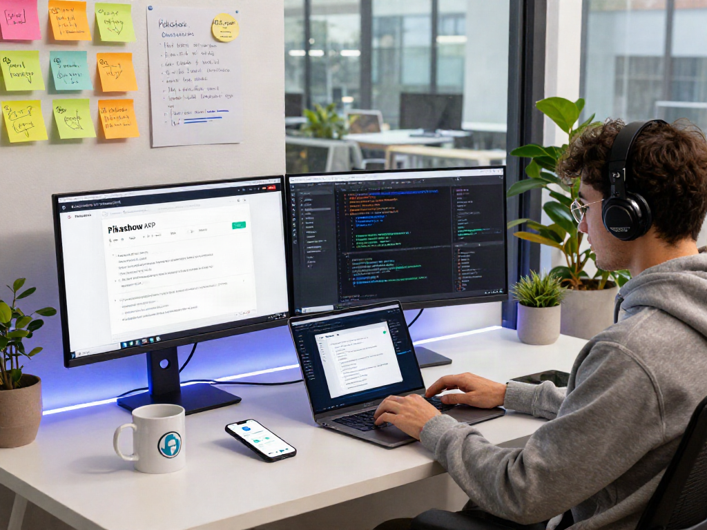 Pikashow APK mobile app development workspace with vibrant screens and user testing elements.