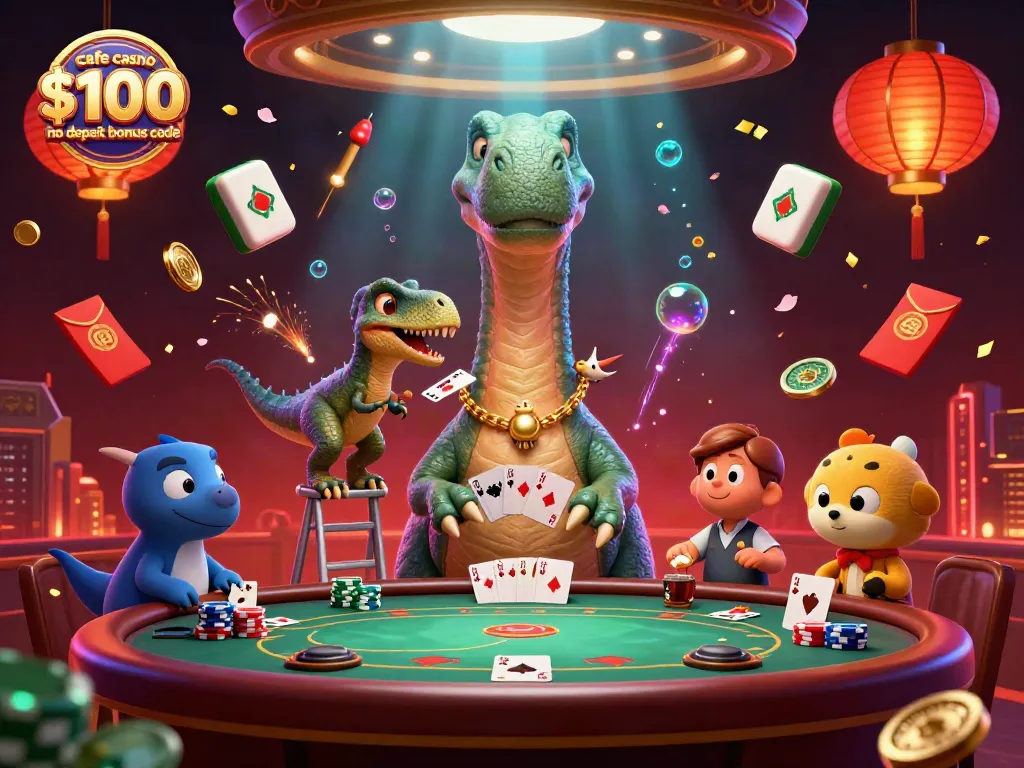 Win big with the cafe casino $100 no deposit bonus code featuring a playful dino-themed casino scene.