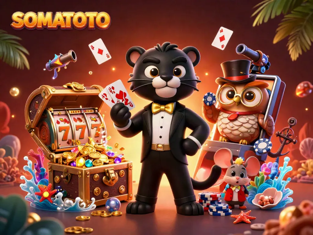 SOMATOTO brings excitement with a elite panther dealer, owl with poker chips, and lucky mouse in a vibrant casino scene.