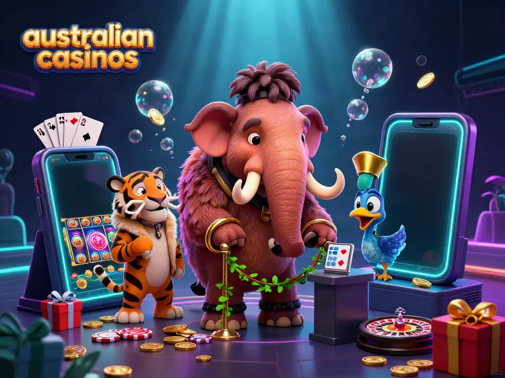 Experience australian casinos with a 3D cartoon scene featuring a woolly mammoth bouncer and vibrant gaming elements.