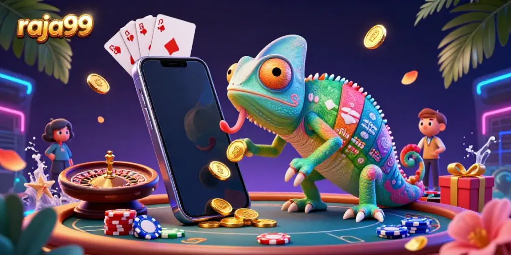 Experience winning moments with raja99, a vibrant casino scene featuring the chameleon owner capturing golden coins.
