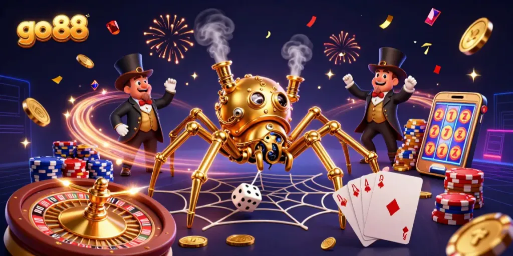 Catch the excitement with go 88 as you spin and win in this vibrant 3D casino illustration.