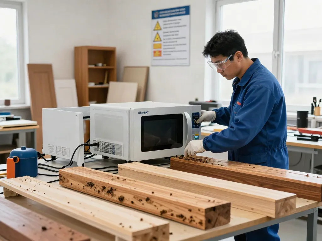 Technician using SHASHEL® microwave technology to eliminate wood-boring insects in a workshop.