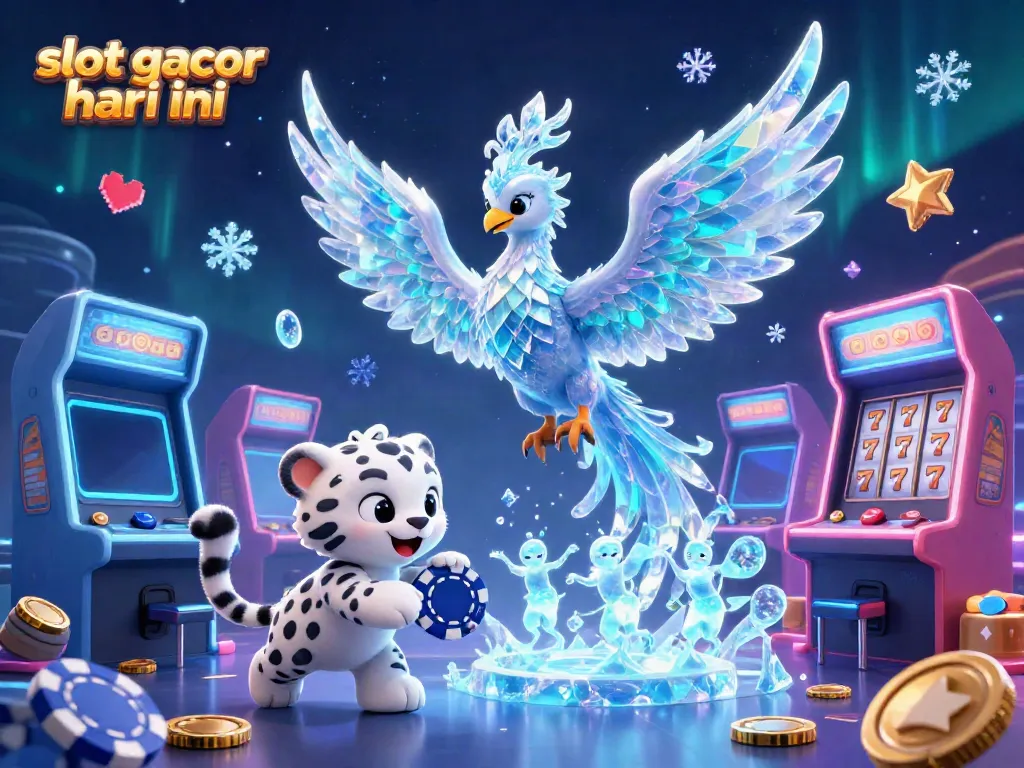 Engaging slot gacor hari ini scene with an ice phoenix, snow leopard cub, and glowing sprites amidst vibrant slot machines.