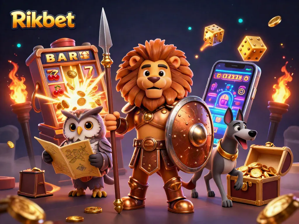 Experience thrilling casino action with Rikbet, featuring a heroic Spartan lion and dynamic game elements.