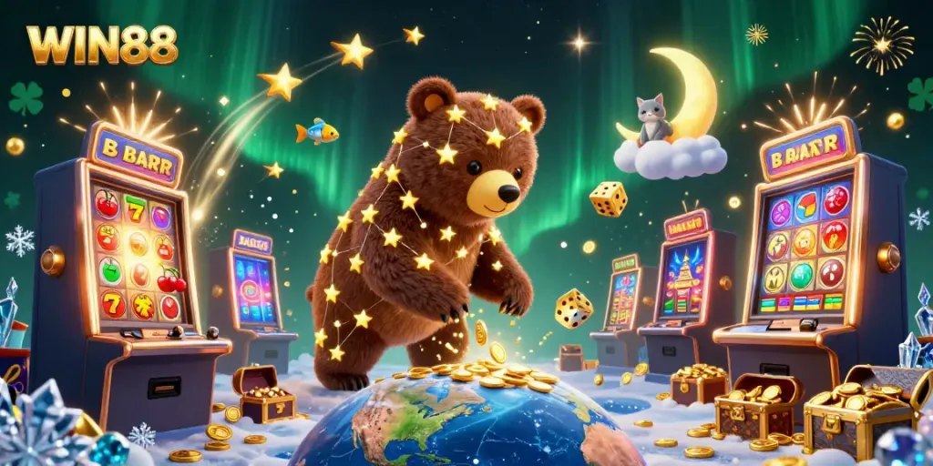 Experience WIN88 with a vibrant, engaging scene featuring a golden constellation bear, a slot machine, and sparkling treasures.