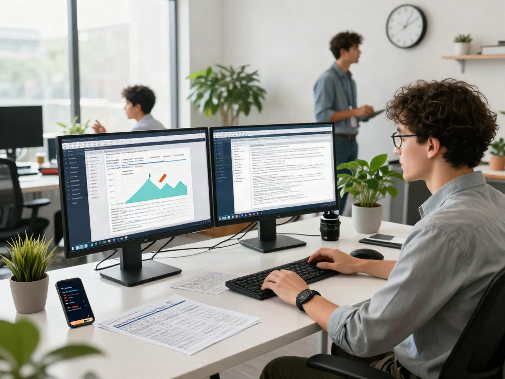 Document fraud detection technology in an office, showcasing software interfaces and a focused analyst.