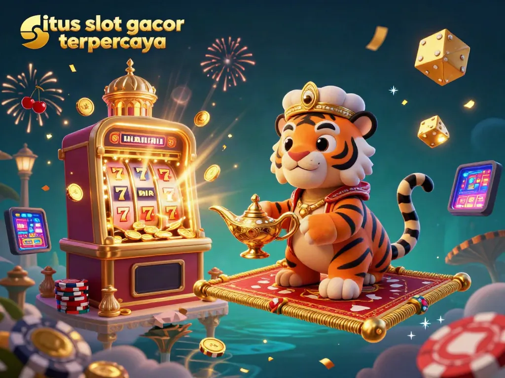 Experience the excitement of situs slot gacor terpercaya with a vibrant 3D illustration of a tiger sultan and jackpot elements.