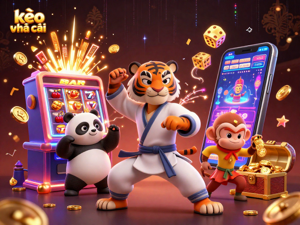 Engaging scene depicting kèo nhà cái with a kung fu tiger, panda, and monkey amidst dynamic casino elements.