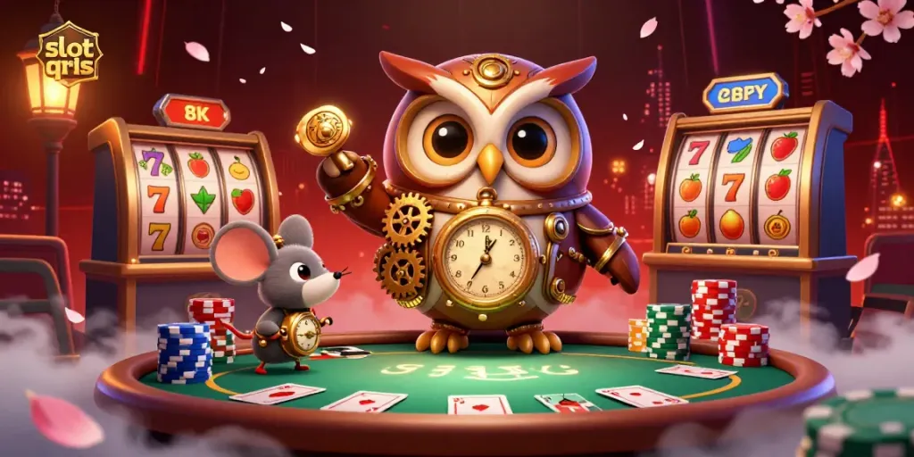 Engage in thrilling slot games at slot qris with a whimsical owl and magical elements in an exciting casino scene.