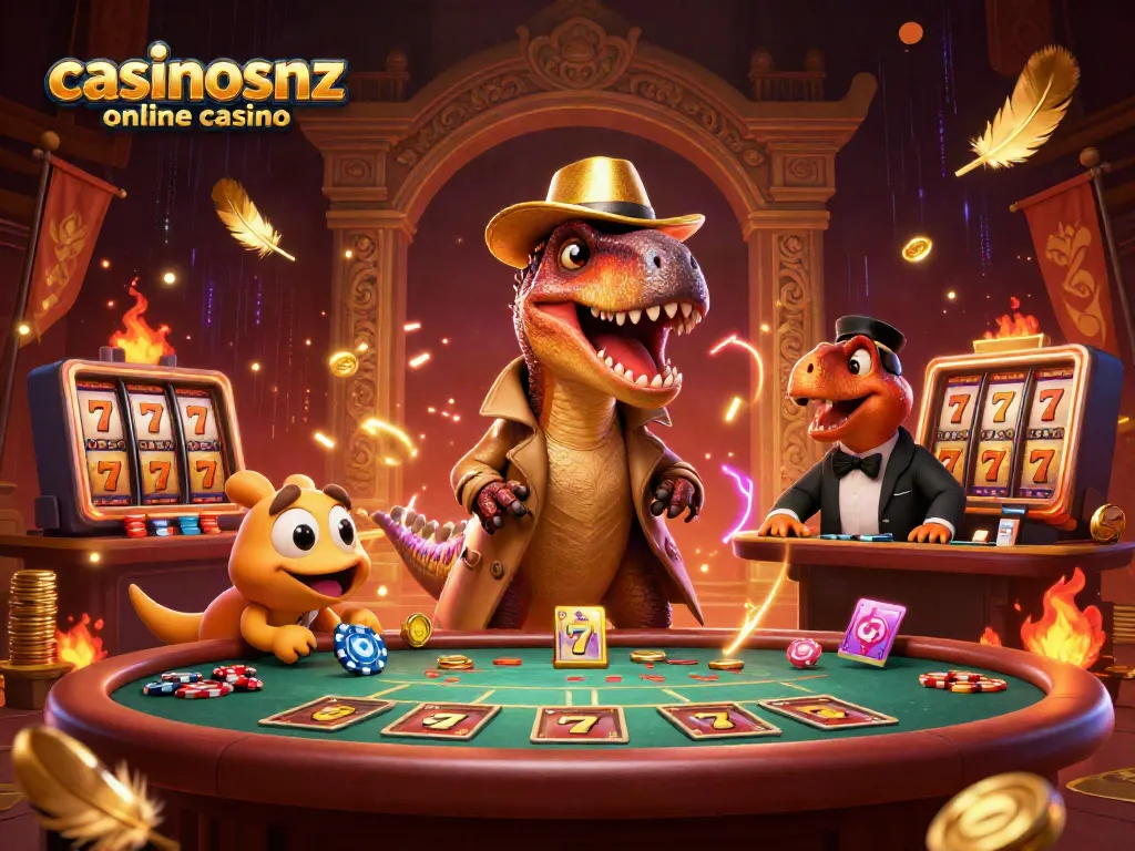 Experience the excitement of casinosnz online casino with animated characters navigating blackjack and slot machines.