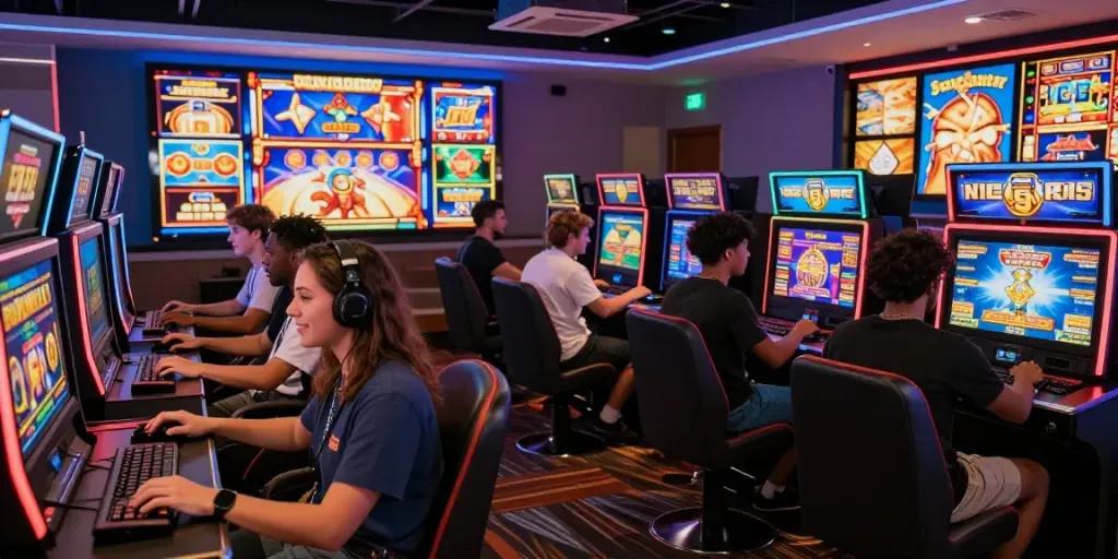 Players enjoying slot gacor hari ini at a modern online casino with vibrant screens and inviting atmosphere.