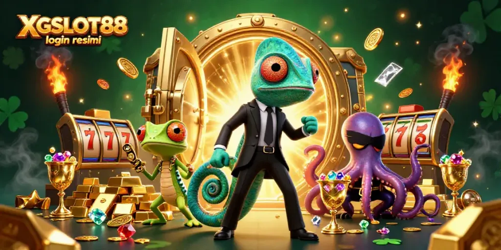Permainan judi XGSLOT88 login resmi dengan karakter menarik dan simbol slot bergaya 3D.