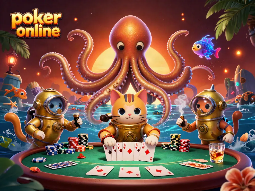 Engage in thrilling poker online action as a kraken and diving cat navigate a vibrant underwater scene of poker gameplay.
