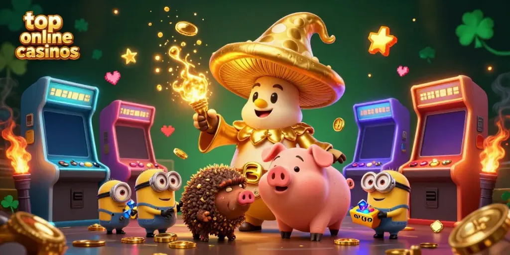 Discover top online casinos with a vibrant 3D illustration featuring a golden wizard, treasure-seeking pig, and arcade games.