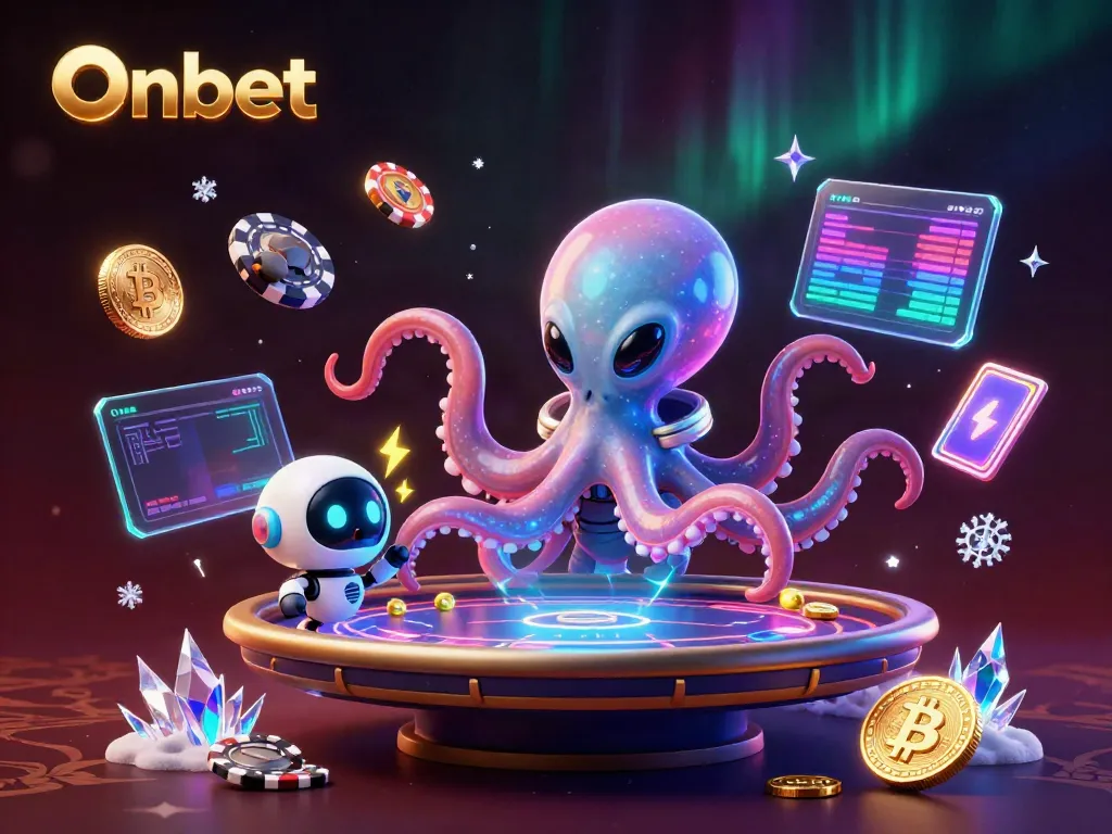 Engaging Onbet experience showcased by an alien octopus at a poker table in a crypto-themed casino.