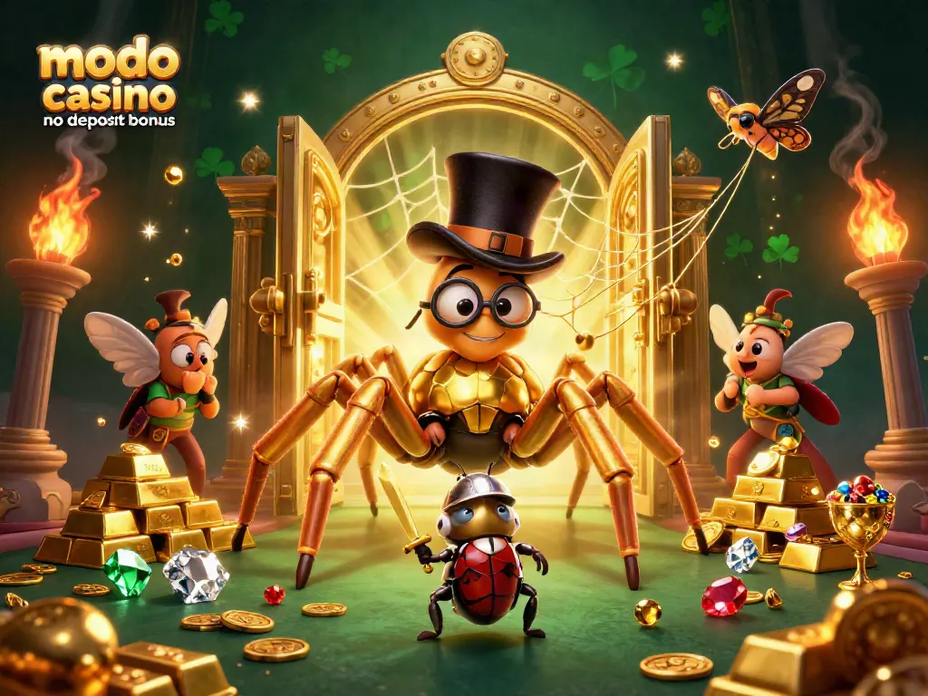 Engage with the modo casino no deposit bonus, experiencing the excitement of a giant golden tarantula and a beetle knight amidst a treasure-filled casino scene.