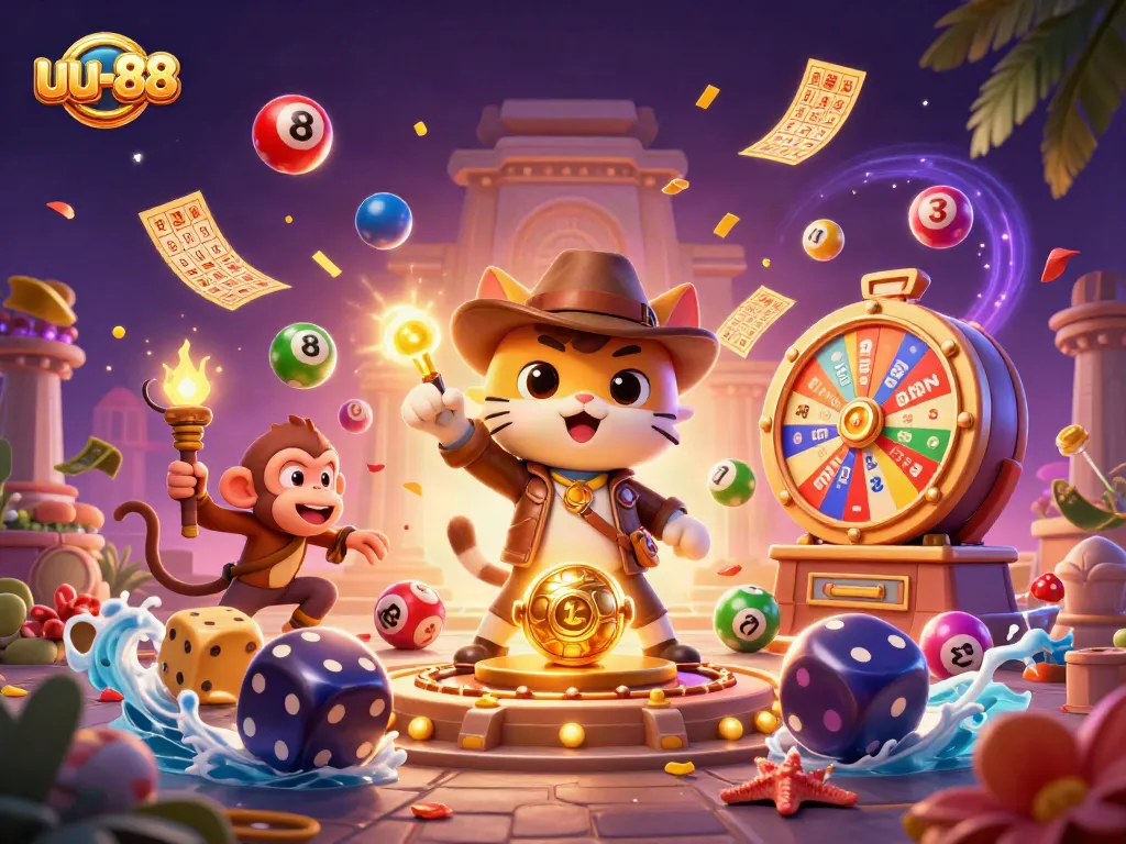 Experience the excitement of uu-88 with a cartoon archaeologist cat exploring a vibrant casino artifact scene.