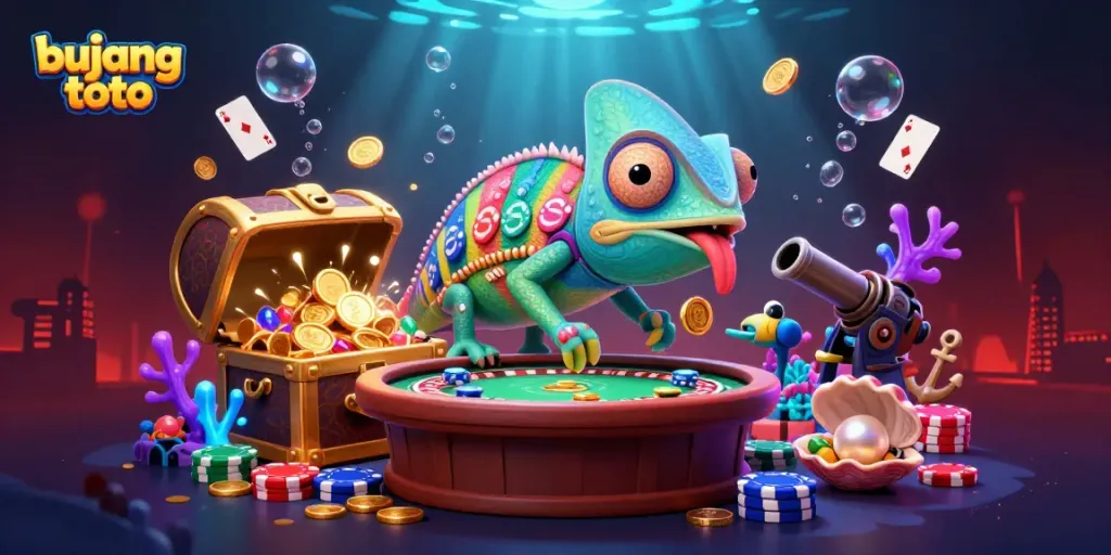 Bujang toto casino illustration featuring a dynamic chameleon owner in a vibrant casino scene.