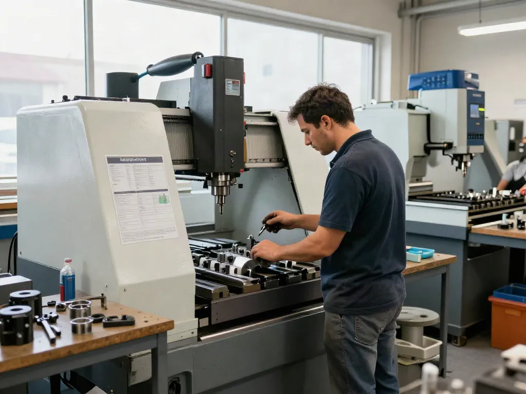 Technician in a machine shop Houston operating CNC machinery for custom molds.