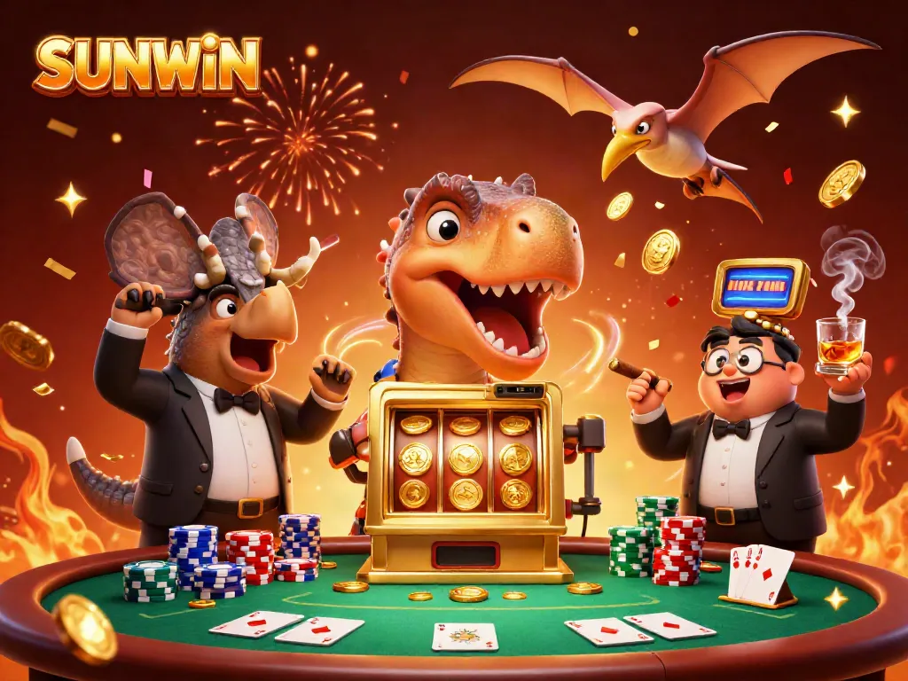 Experience the excitement of SUNWIN as a dinosaurs interact with a golden slot machine and poker elements.