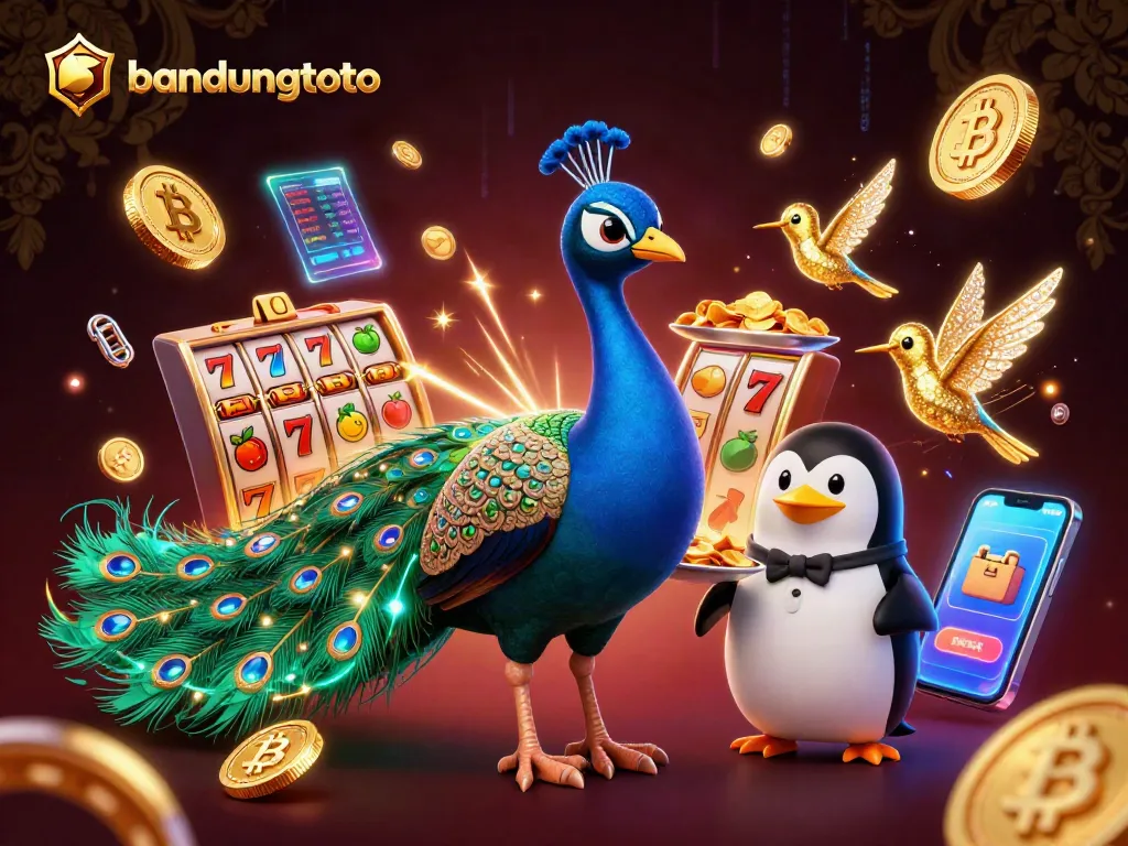 Engage with the exciting world of bandungtoto as the peacock showcases vibrant slot elements and golden chips.