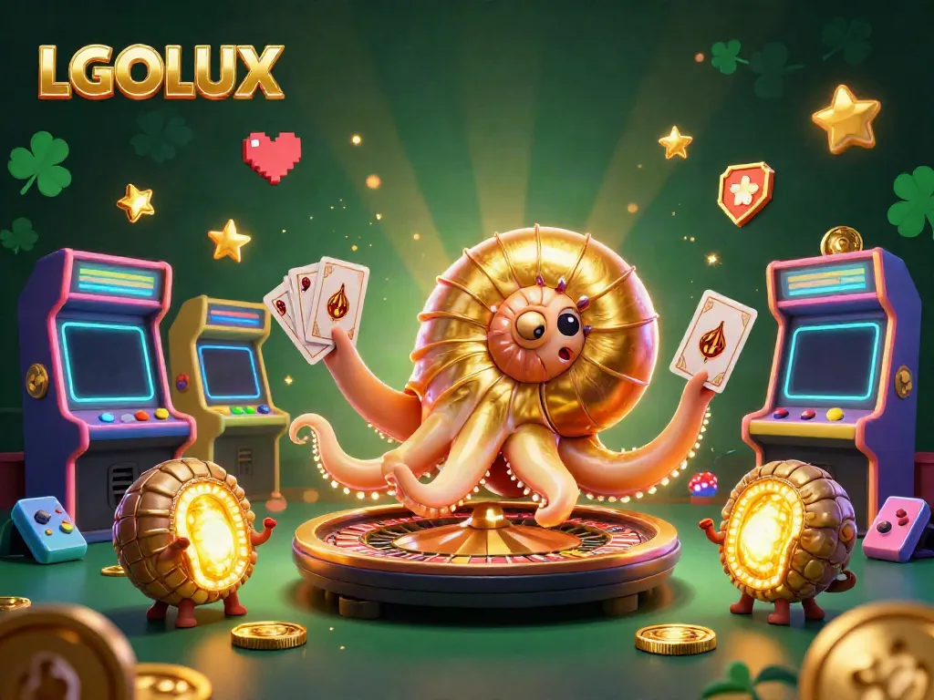 Win big with LGOLUX as the giant nautilus and glowing ammonites illuminate a vibrant casino scene.