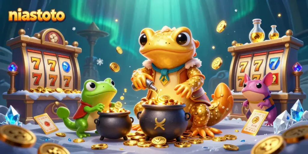 Engage with niastoto's vibrant 3D illustration showcasing golden alchemist characters transforming metals into slot game treasures.