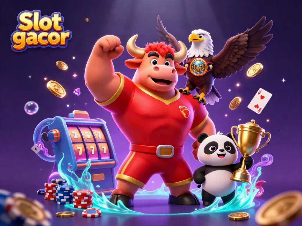 Experience thrill and excitement with Slot gacor as a muscular bull mascot celebrates a big win alongside a cheering bald eagle and panda.